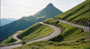 Route de montagne en lacets dans le Cantal, idéale à moto, au pied d'un sommet volcanique