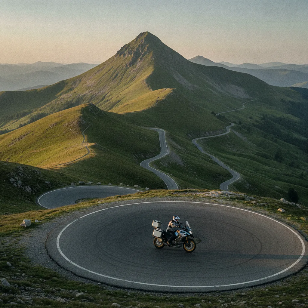 Moto dans un lacet de la route du Pas de Peyrol face au Puy Mary