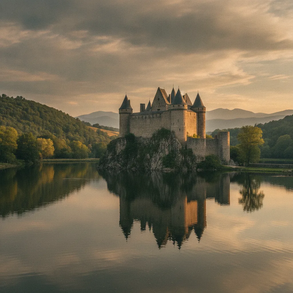 Le château de Val posé au bord de son lac dans le nord du Cantal