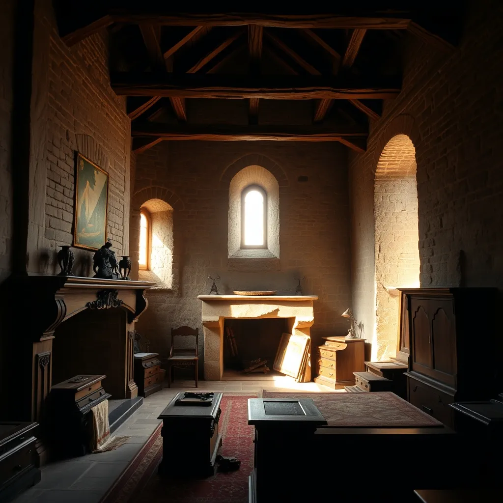 Salle meublée à l'intérieur du château de Val avec cheminée médiévale et poutres apparentes