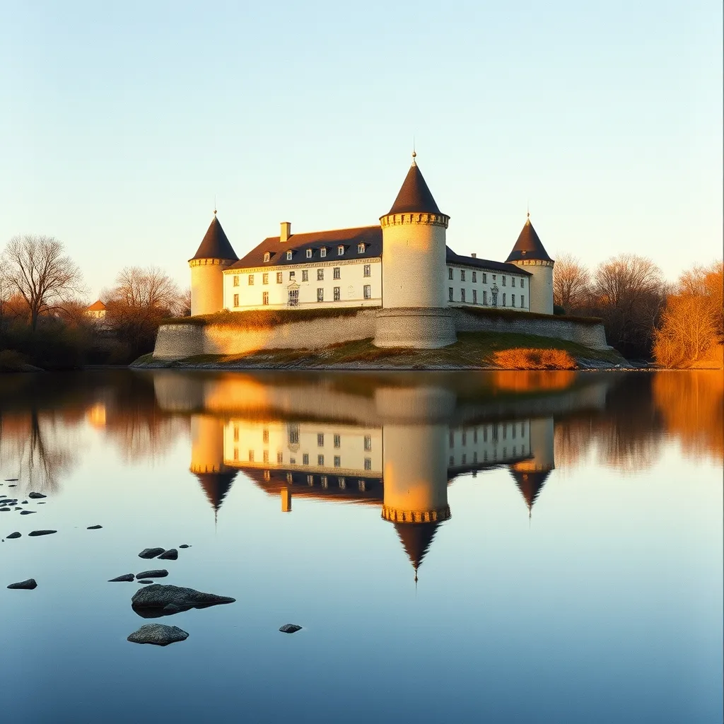 Reflet du château de Val dans les eaux calmes du lac à l'heure dorée
