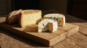Plateau de fromages d'Auvergne avec meule de Cantal, Saint-Nectaire et bleu
