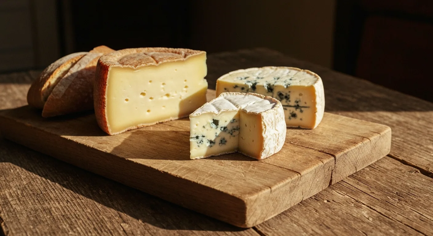 Plateau de fromages d'Auvergne avec meule de Cantal, Saint-Nectaire et bleu