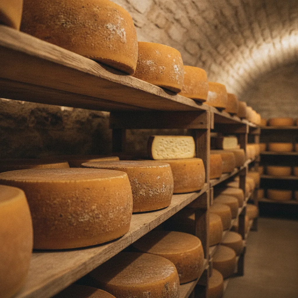 Meules de Cantal en affinage sur des étagères de bois dans une cave