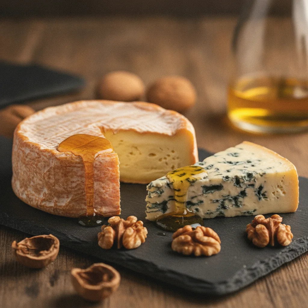 Part de Saint-Nectaire et tranche de Bleu d'Auvergne avec noix et miel