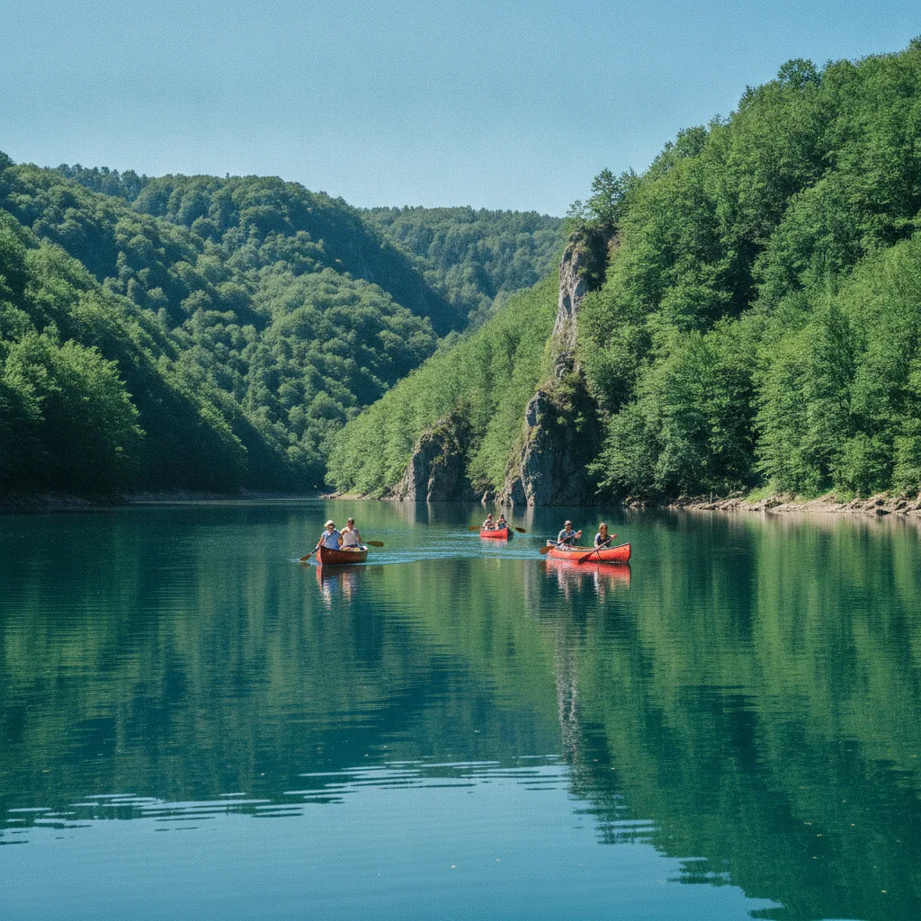 Canoë sur le lac de Grandval dans les gorges boisées de la Truyère