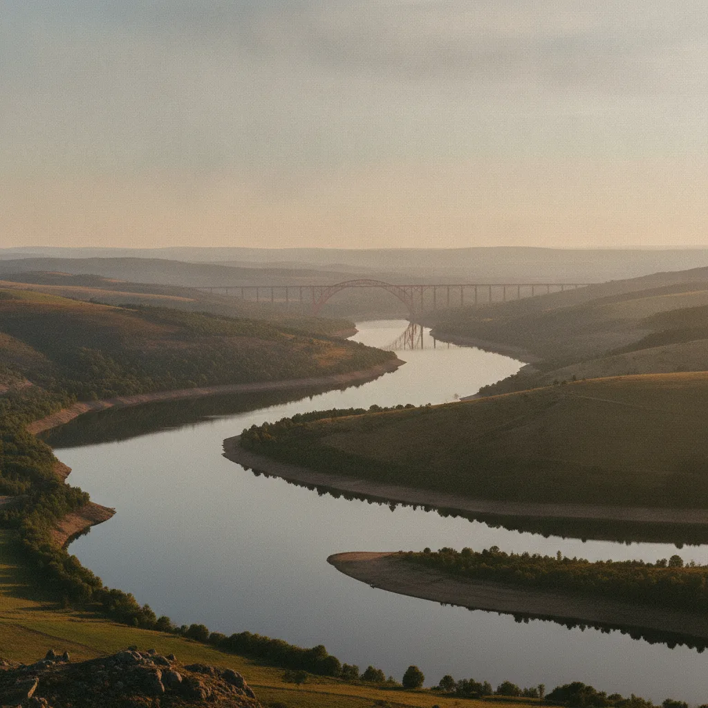 Panorama depuis le belvédère de Mallet sur les méandres de la Truyère et le viaduc