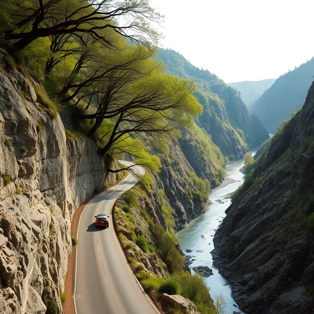 La D17 serpente au fond des gorges entre parois de basalte et forêt de hêtres