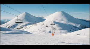 Les pistes enneigées de la station du Lioran au pied des sommets volcaniques du Cantal