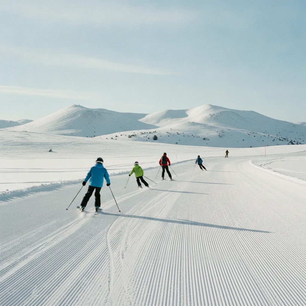 Skieurs sur une piste du Lioran devant les sommets volcaniques enneigés