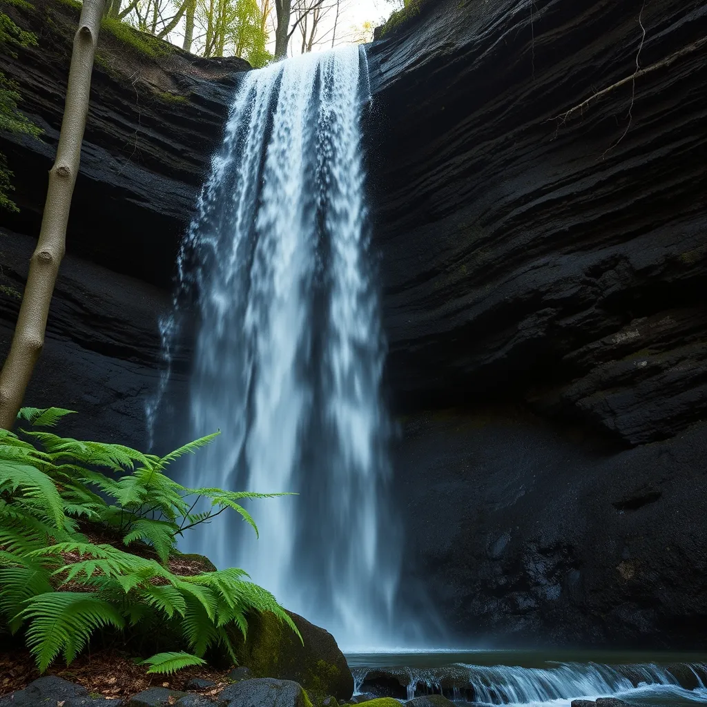 Vue en contre-plongée de la cascade de Faillitoux depuis la vasque en contrebas