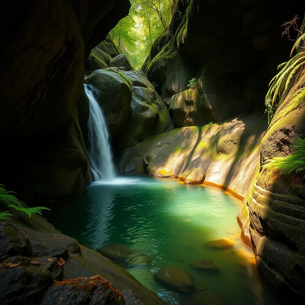 Une cascade coule sur les orgues basaltiques dans un vallon boisé du Cantal