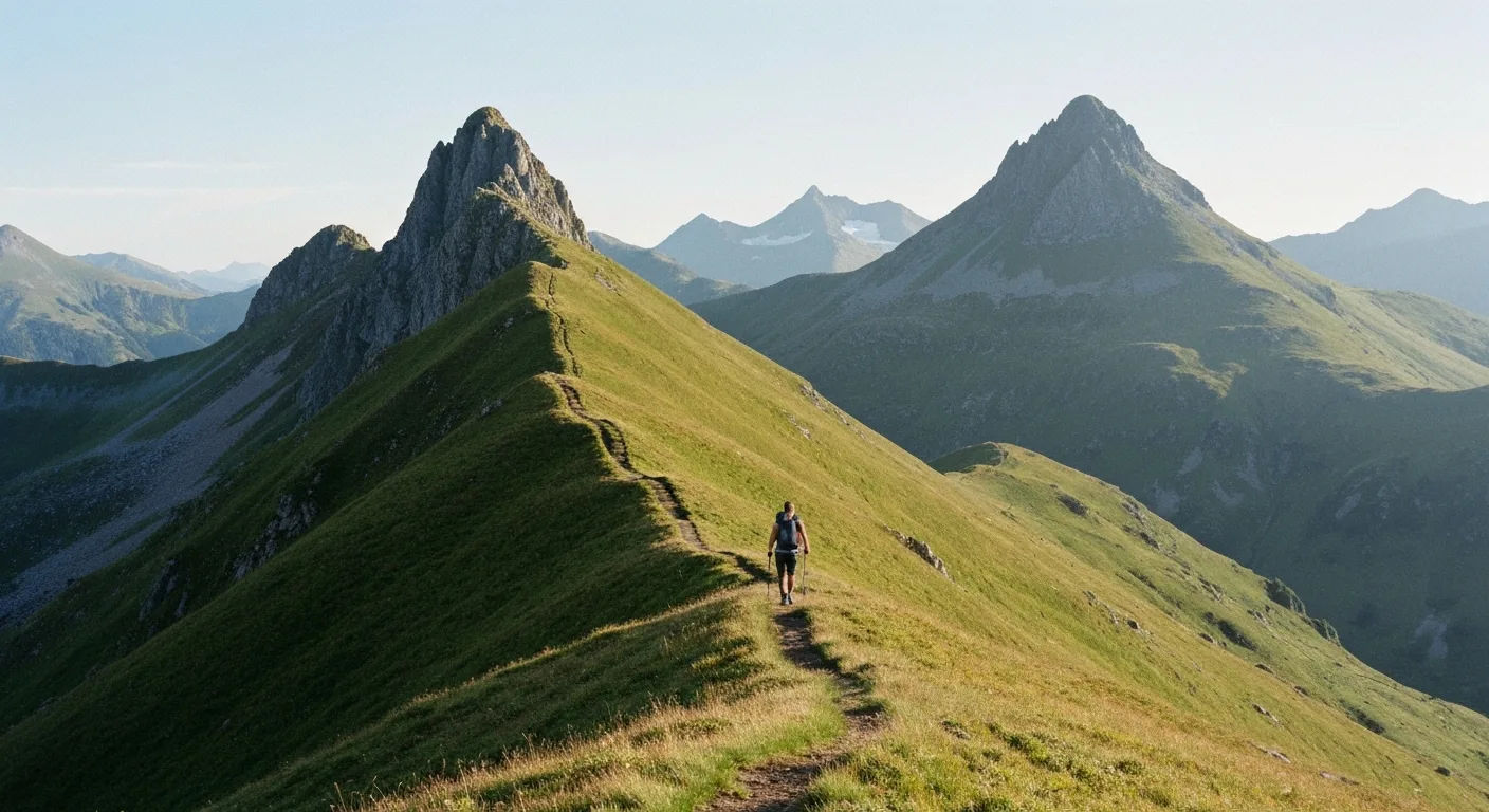 Randonneur sur une ligne de crête des volcans du Cantal face aux sommets