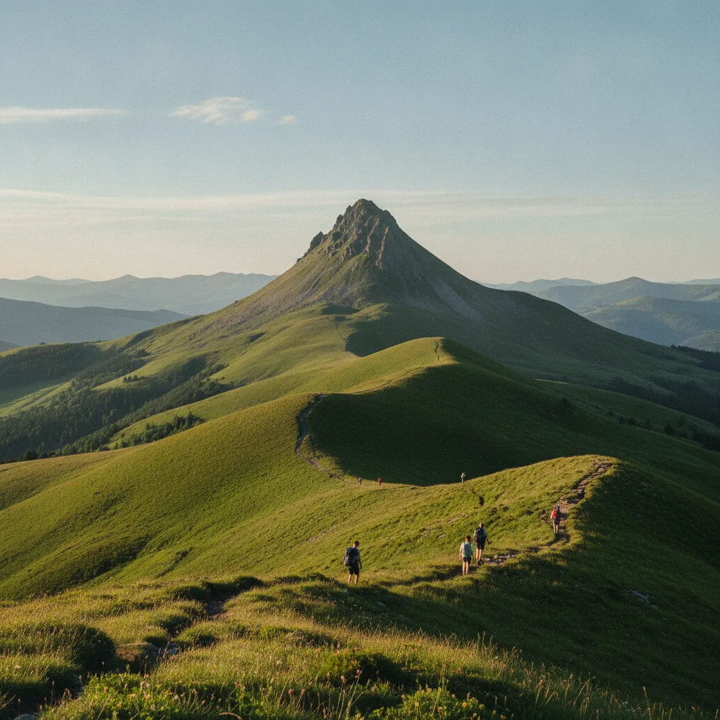 Le cône de lave du Puy Griou vu depuis une crête du GR400 dans le Cantal