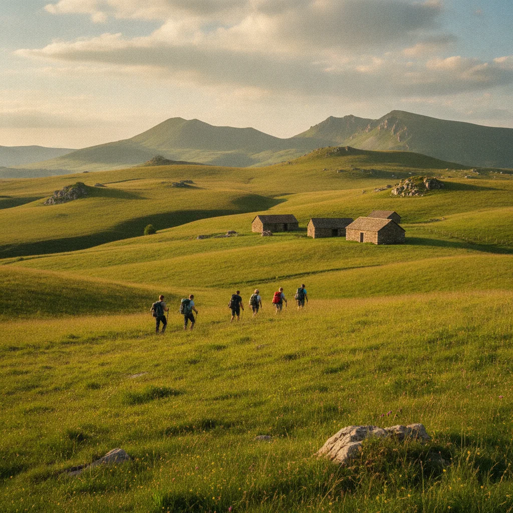 Randonneurs traversant les estives et les burons de pierre du Cantal