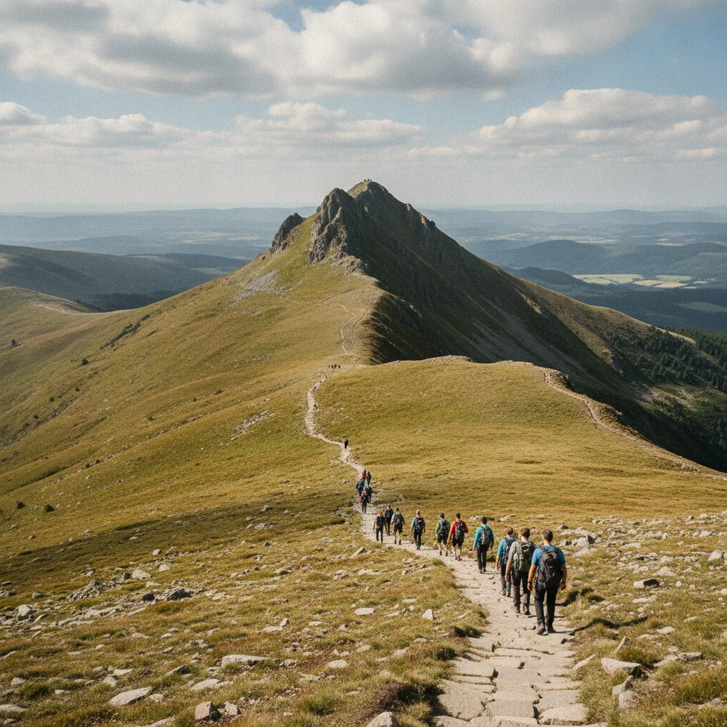 Randonneurs gravissant le sentier en marches de pierre vers le sommet du Puy Mary