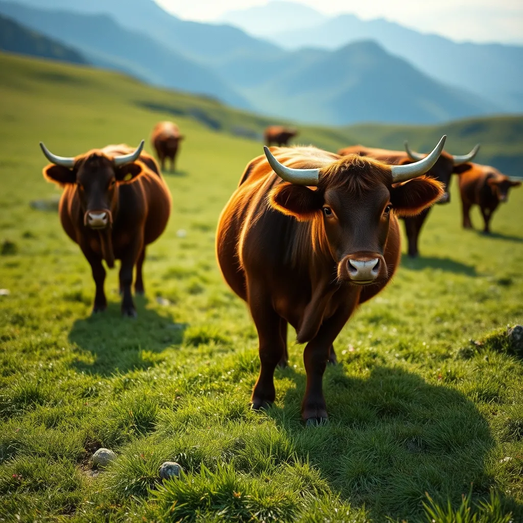 Les vaches Salers aux robes acajou paissent dans les estives qui bordent le sentier du Puy Violent