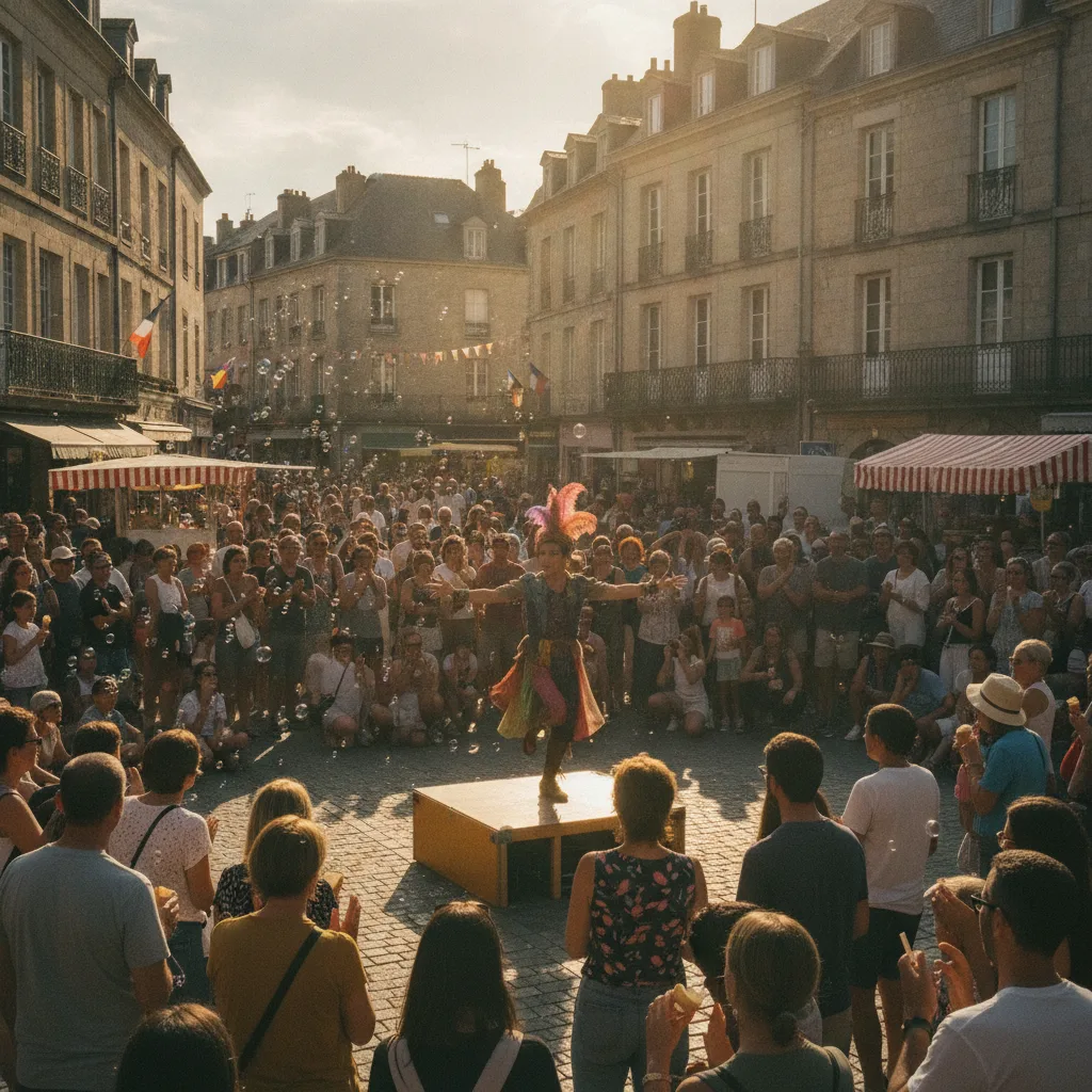 Spectacle de théâtre de rue devant la foule lors du festival d'Aurillac