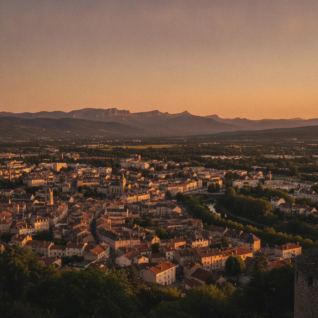 Panorama sur les toits d'Aurillac et les monts du Cantal depuis le château
