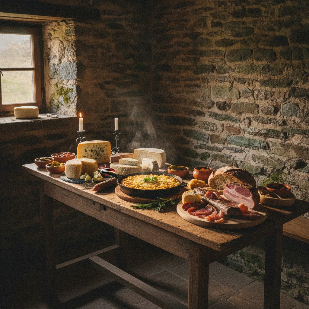 Table de terroir du Cantal avec fromages, truffade et charcuterie