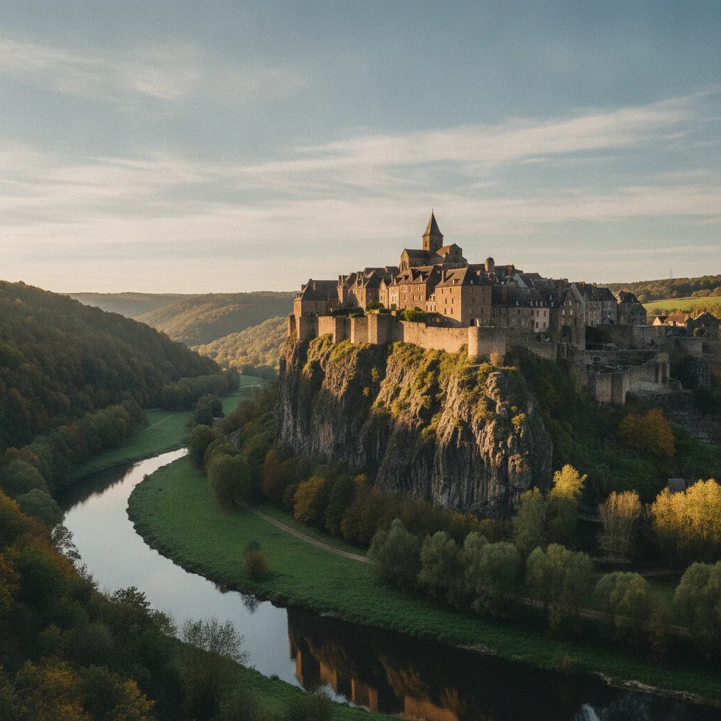 Saint-Flour vue d'en bas, ses remparts surgissant du rocher au-dessus de l'Ander