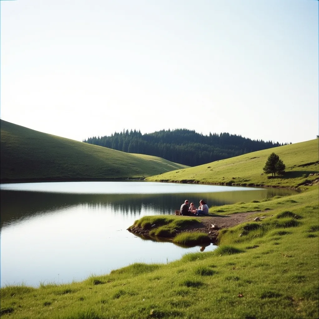 Pique-nique au bord d'un lac de montagne cantalien, une pause idéale en famille