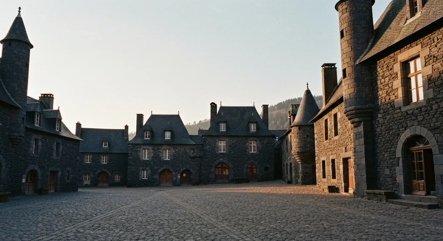 La Grande Place de Salers et ses maisons à tourelles en pierre volcanique
