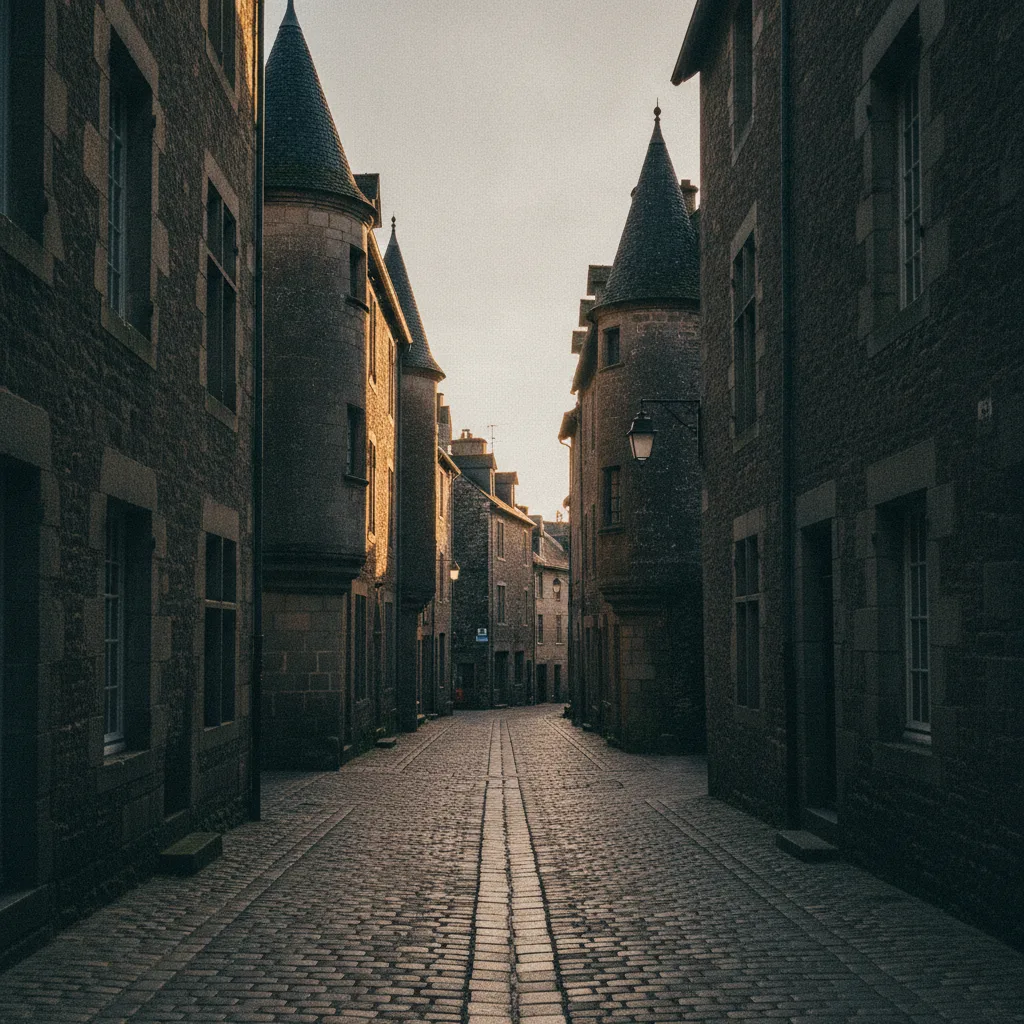Ruelle pavée de Salers bordée de maisons à tourelles en pierre volcanique