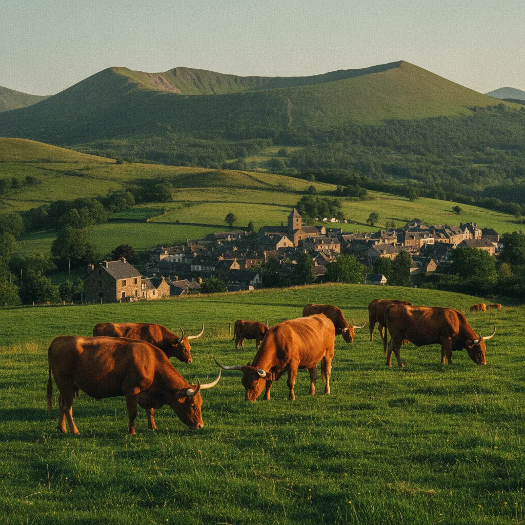 Vaches de race Salers à cornes en lyre dans les pâturages près du village