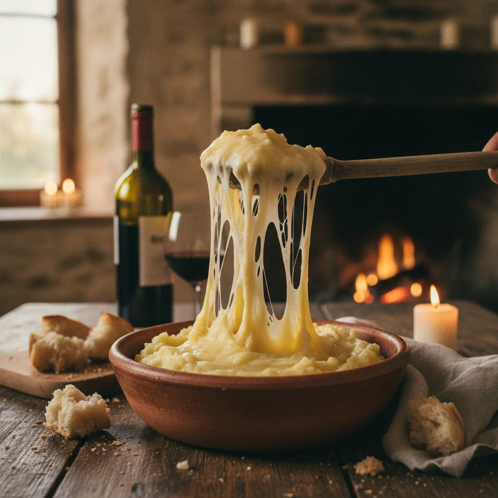 Aligot filant soulevé à la cuillère montrant sa texture élastique