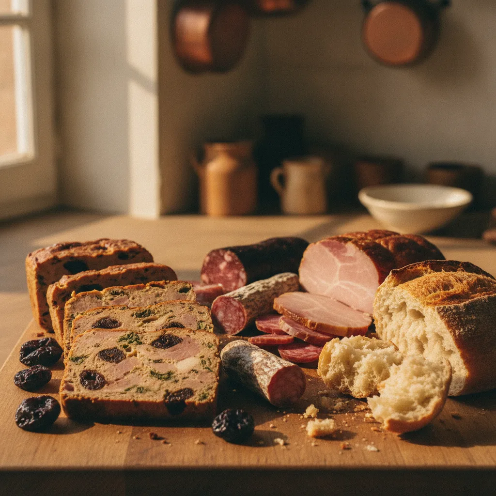 Tranches de pounti aux pruneaux et charcuterie de montagne sur une planche