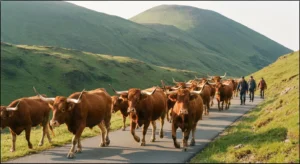 Troupeau de vaches Salers menées en transhumance sur une route de montagne du Cantal