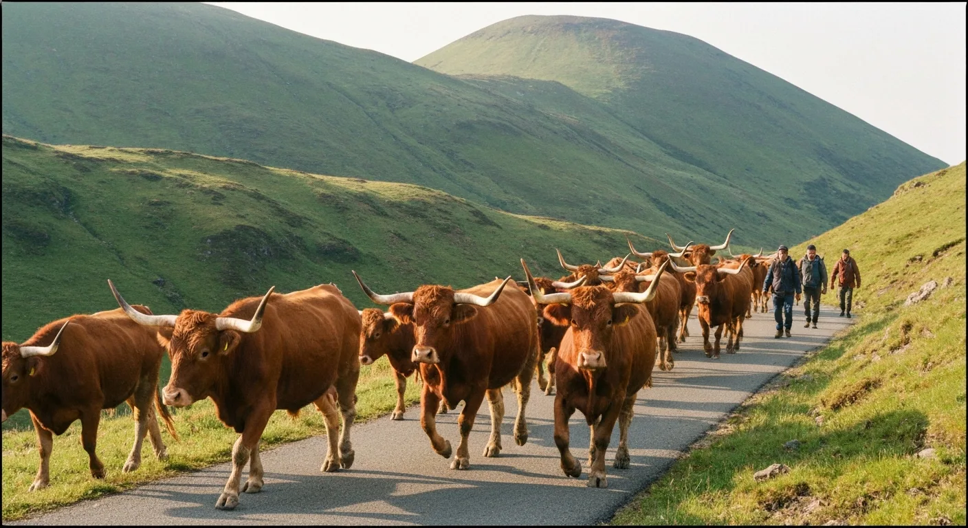 Troupeau de vaches Salers menées en transhumance sur une route de montagne du Cantal