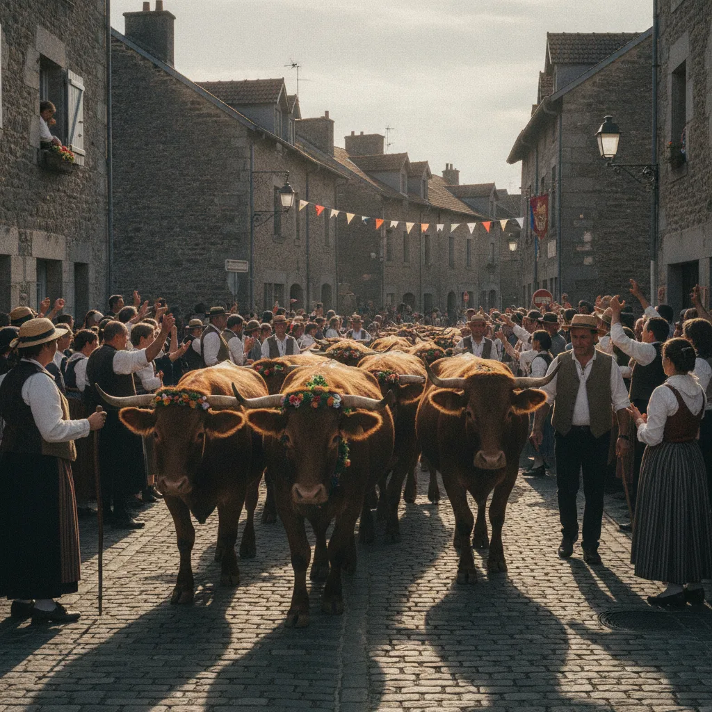 Défilé de vaches Salers dans la rue d'un village lors de la fête de l'estive