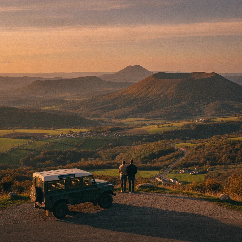 Halte panoramique sur une route du Cantal face aux vallées volcaniques
