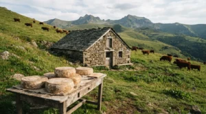 Buron d'estive sur les pâturages d'altitude du Cantal, où les buronniers perpétuent la fabrication fromagère traditionnelle
