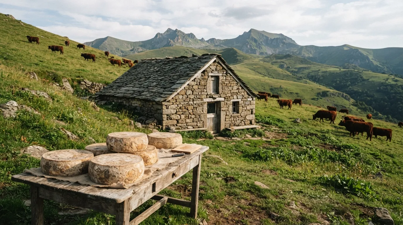 Buron d'estive sur les pâturages d'altitude du Cantal, où les buronniers perpétuent la fabrication fromagère traditionnelle