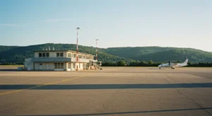 L'aérogare compacte de l'aéroport d'Aurillac-Tronquière, avec les collines du Cantal en arrière-plan