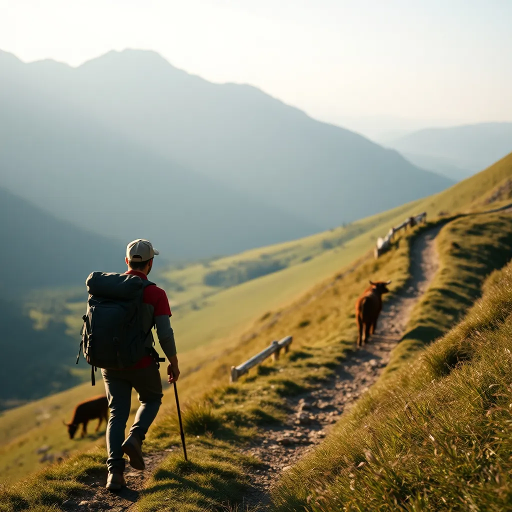Randonneur sur la crête entre le Puy Mary et le Puy Violent, avec les troupeaux de Salers en contrebas