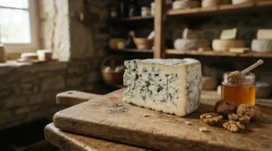 Tranche de Bleu d'Auvergne AOP laissant apparaître les veinures caractéristiques du Penicillium roqueforti