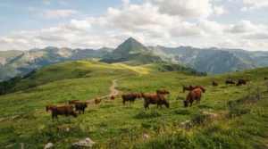 Vaches Salers sur les estives du massif cantalien, avec le Puy Mary en arrière-plan