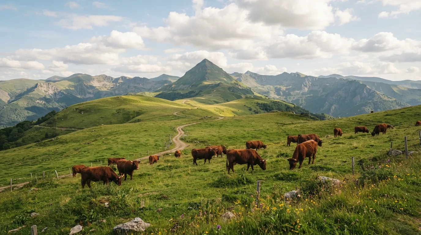 Vaches Salers sur les estives du massif cantalien, avec le Puy Mary en arrière-plan