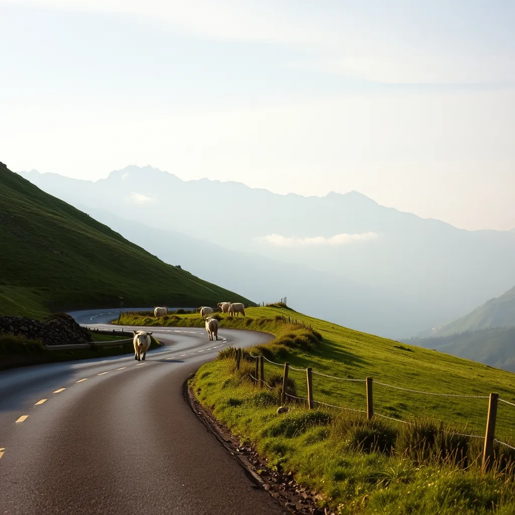 La route des crêtes entre le Pas de Peyrol et Salers, bordée de pâturages d'estive