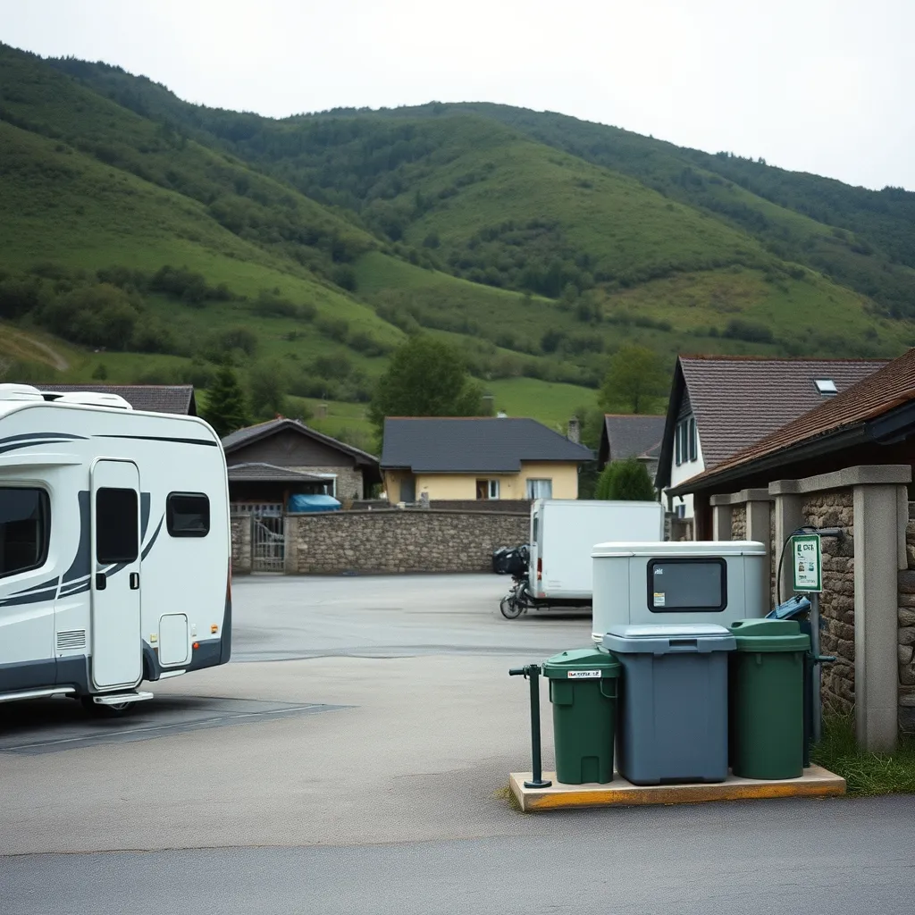 Une aire de services pour camping-cars dans un bourg du Cantal, avec bornes d'eau et de vidange
