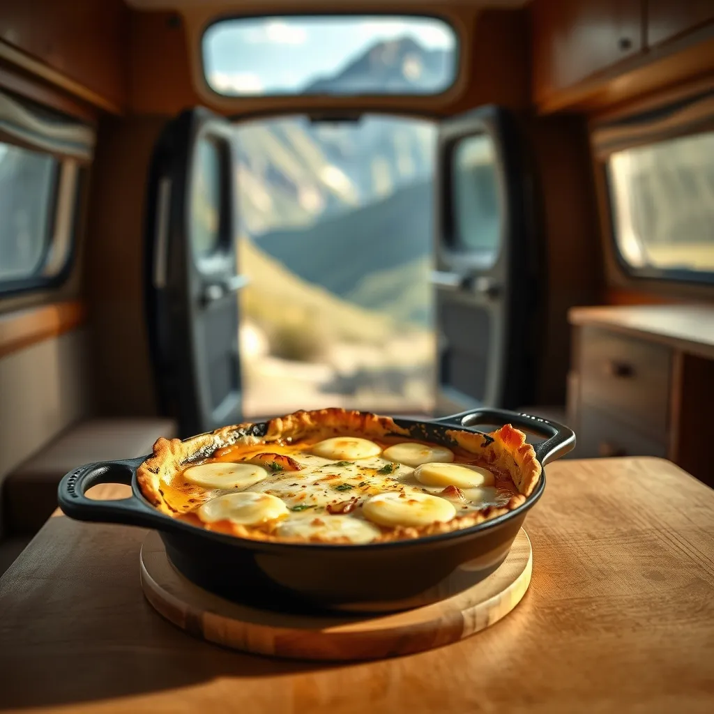 Une truffade préparée dans le van, avec vue sur les montagnes cantaliennes