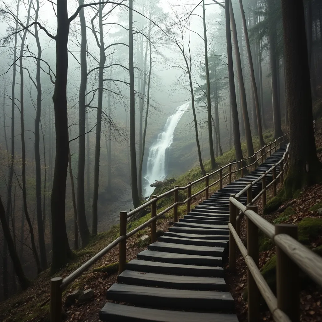 Le sentier aménagé descend sous les hêtres vers la vasque au pied de la cascade