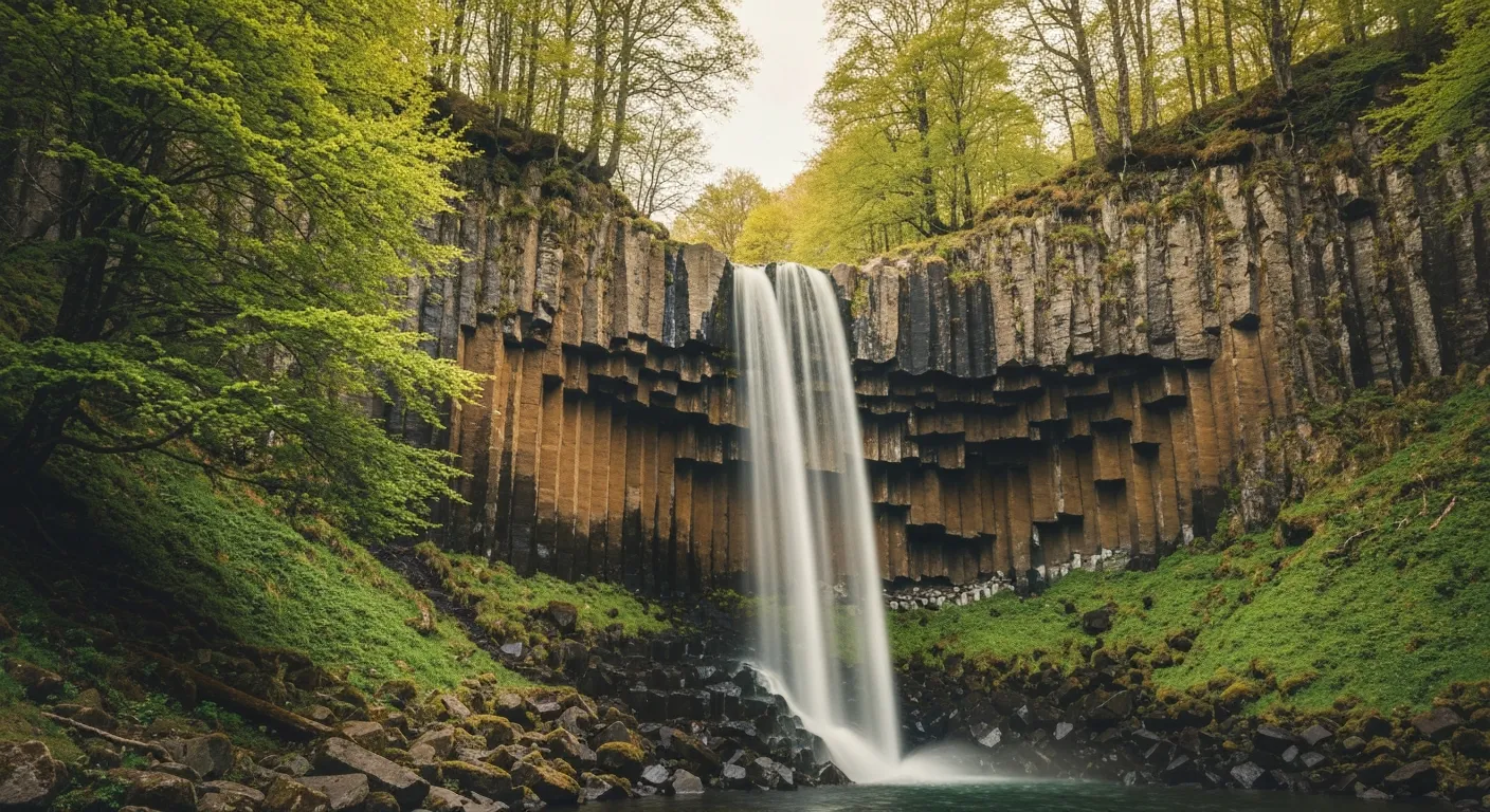 Cascade dévalant une paroi d'orgues basaltiques dans une vallée glaciaire du Cantal au printemps