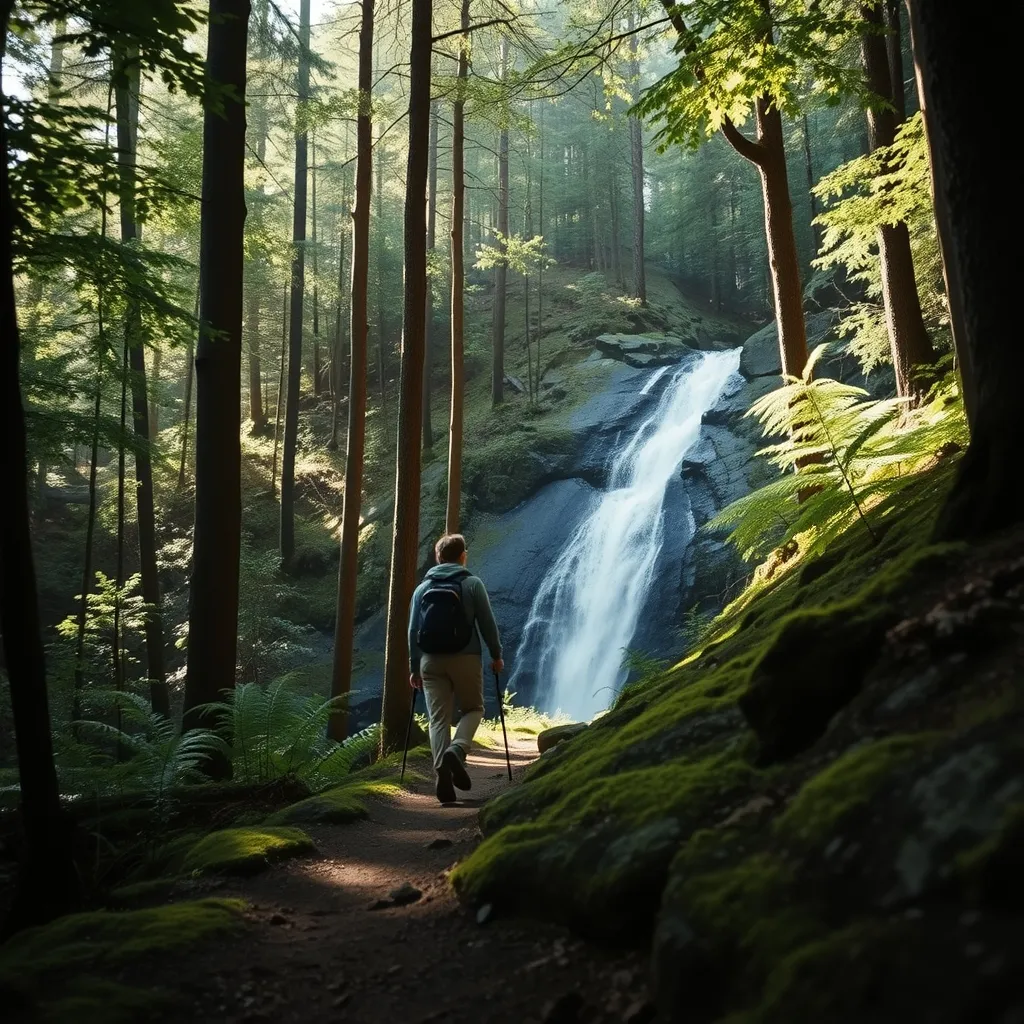Sentier forestier menant à une cascade du Cantal, sous la hêtraie au printemps