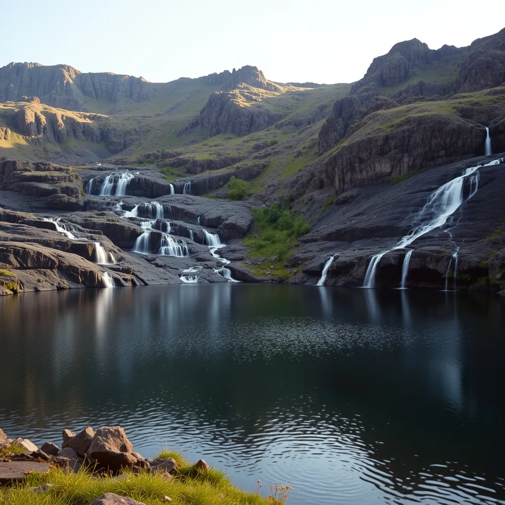 Lac des Cascades à Albepierre-Bredons, cerné de falaises volcaniques et de chutes d'eau