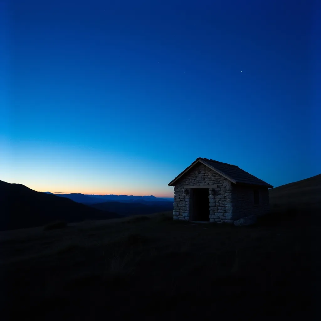 Un buron sur les estives du Cantal au crépuscule, quand les premières étoiles apparaissent